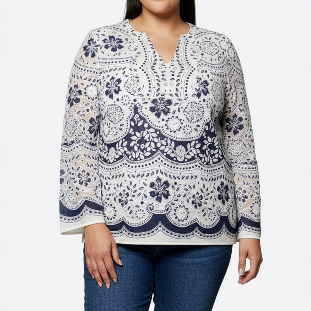 Chico's Lace Floral Print M L 10 12 Long Sleeve Tunic Top Boho Chic Blouse